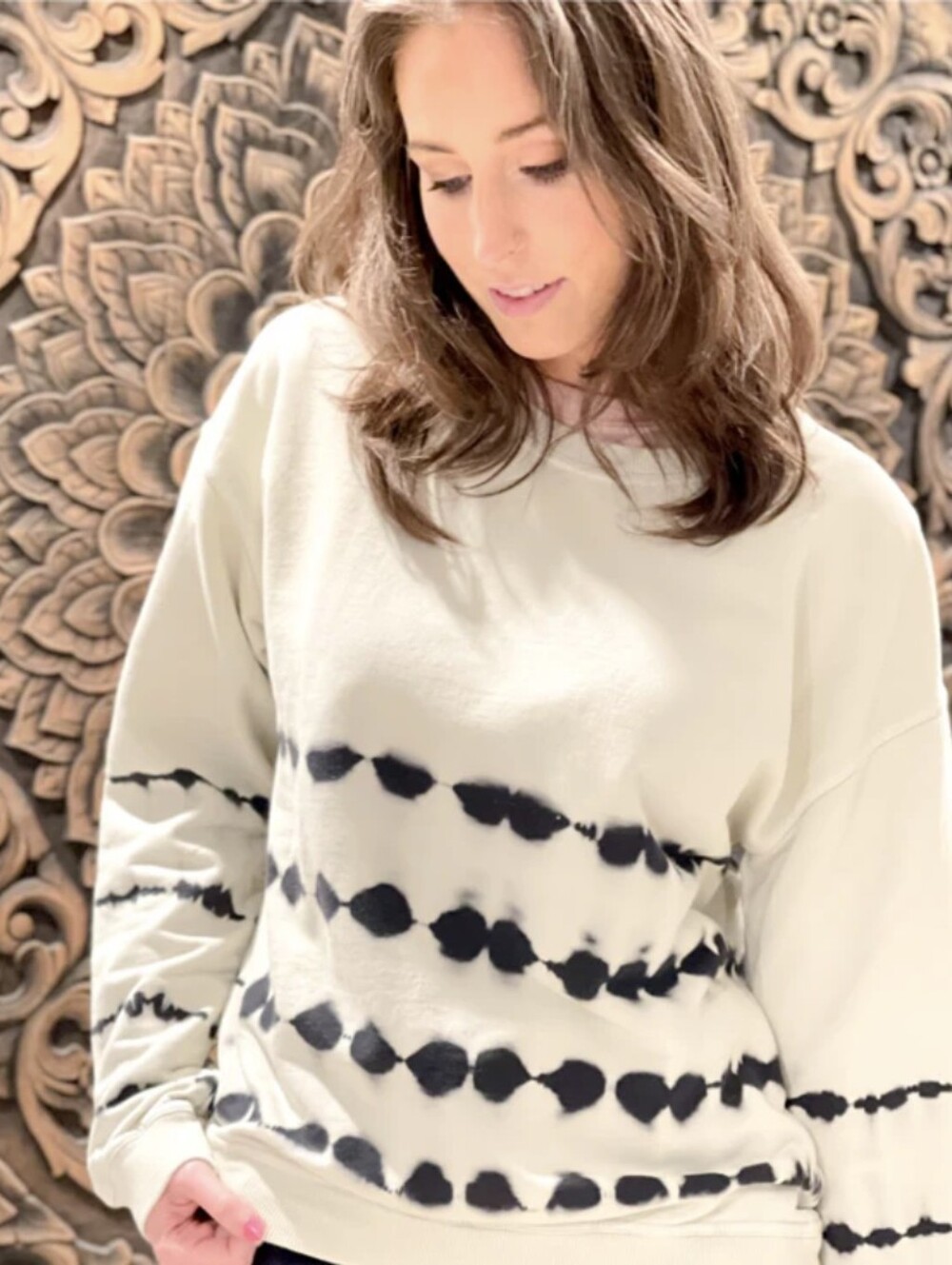 Mono B Cream & Black Tie-Dye Striped French Terry Sweatshirt - 2XL